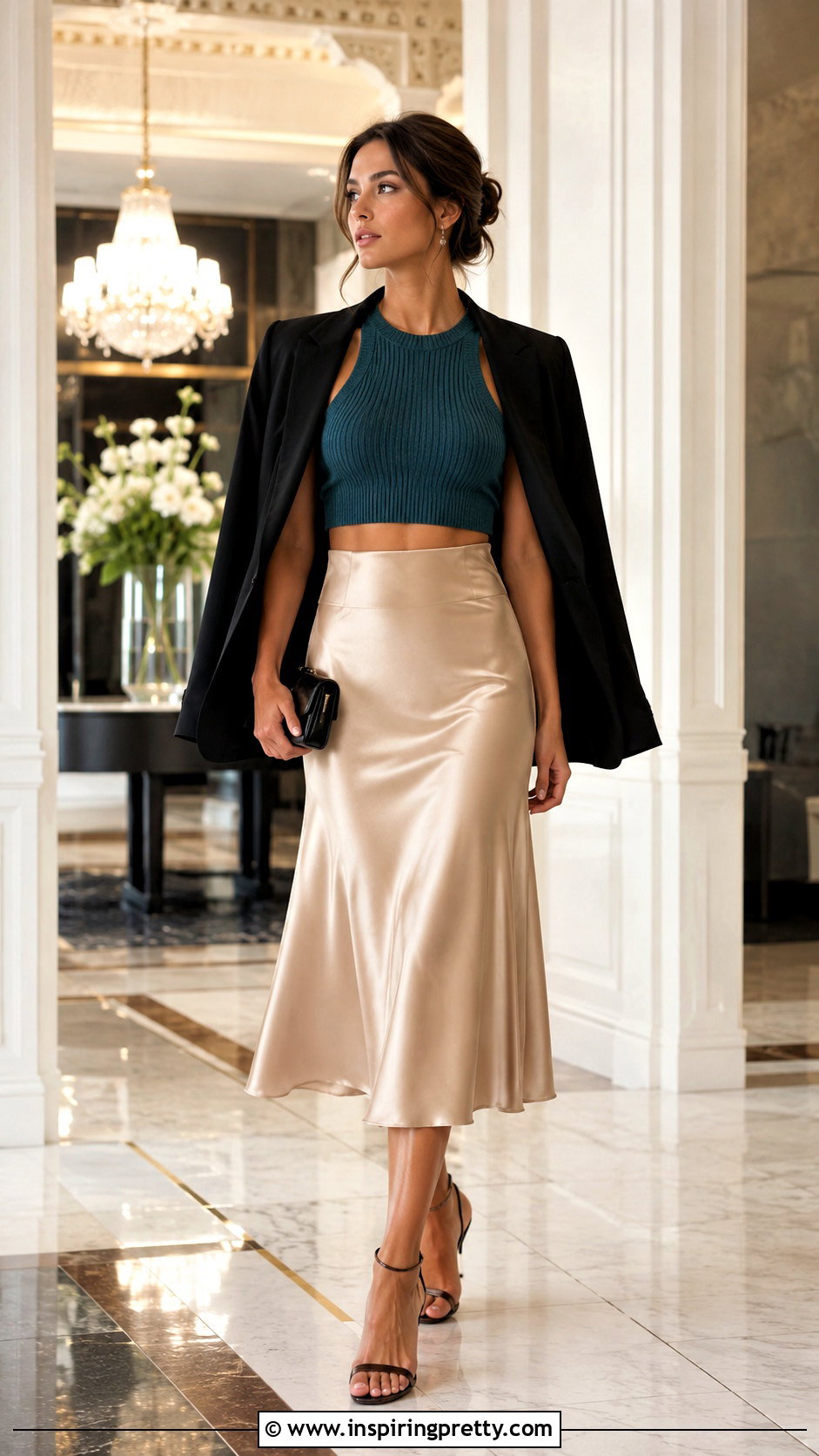 Teal Knitted Crop Top With Satin Midi Skirt - 20 teal knitted crop top outfit ideas