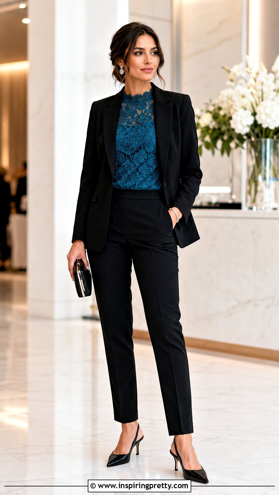 Teal Lace Top With Tailored Pants - 50 teal top outfit ideas