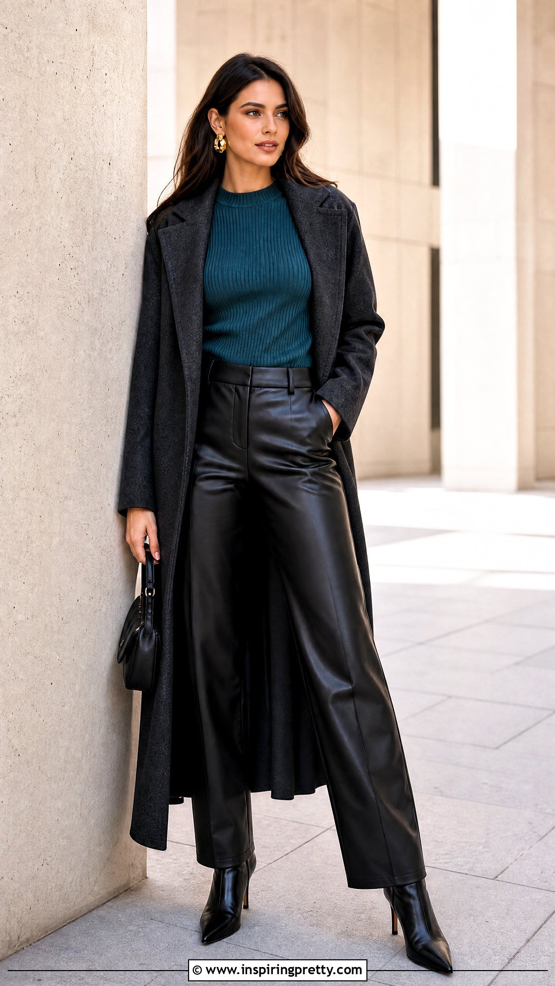 Teal Long Sleeve Top With Black Leather Pants - 25 teal long sleeve top outfit ideas