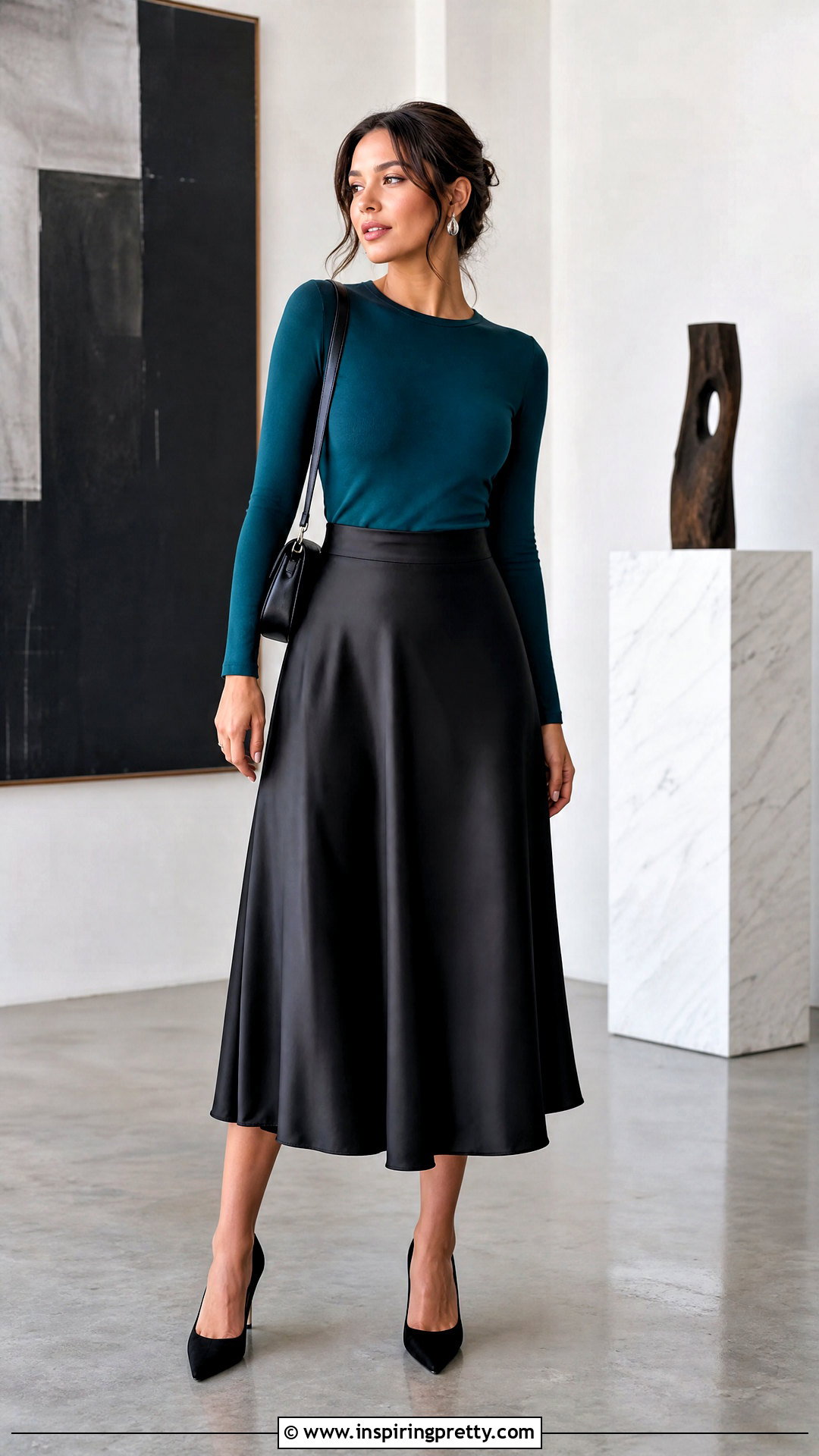 Teal Long Sleeve Top With a Black Midi Skirt - 25 teal long sleeve top outfit ideas