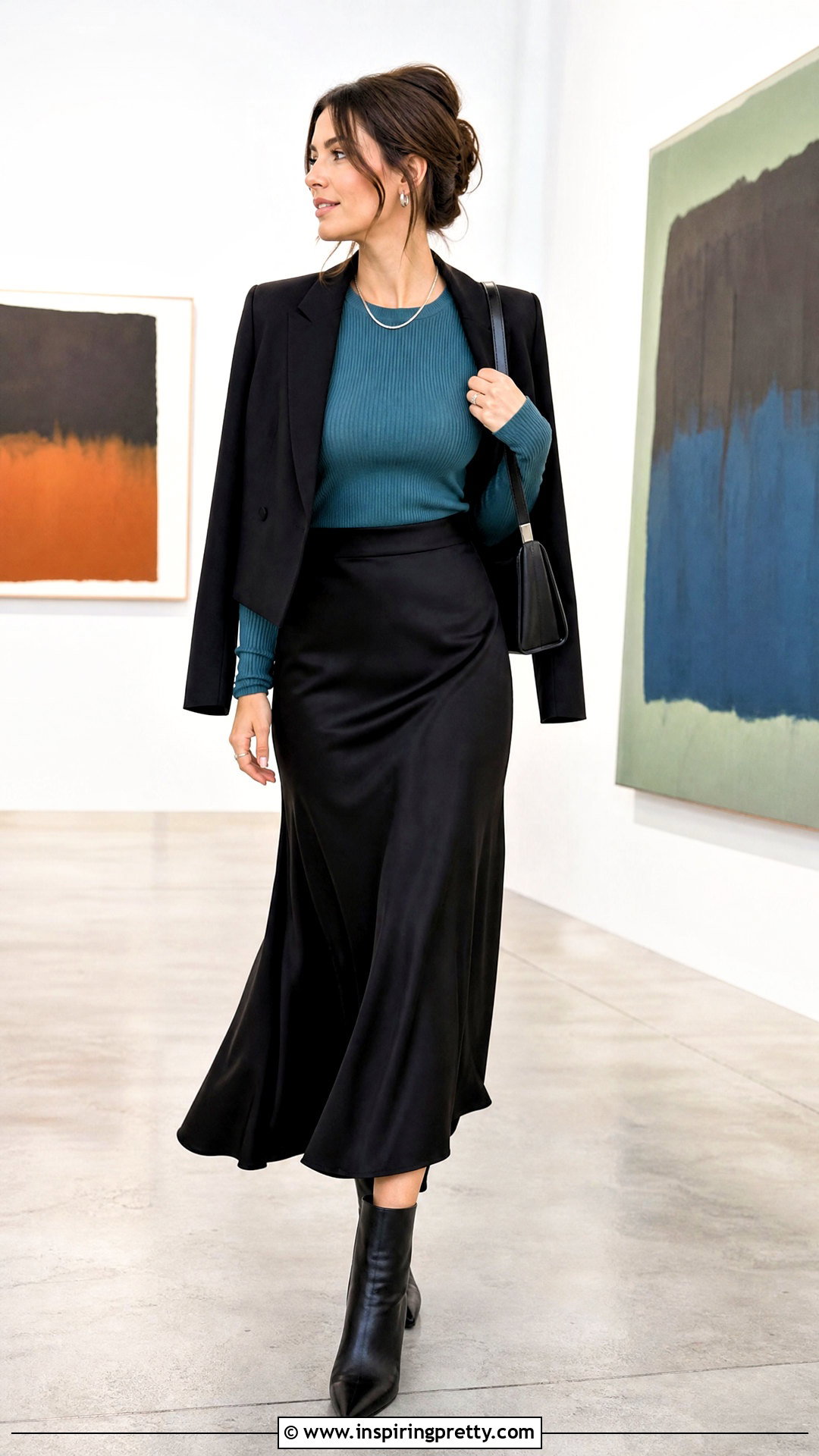 Teal Long Sleeve Top With a Black Slip Skirt - 25 teal long sleeve top outfit ideas