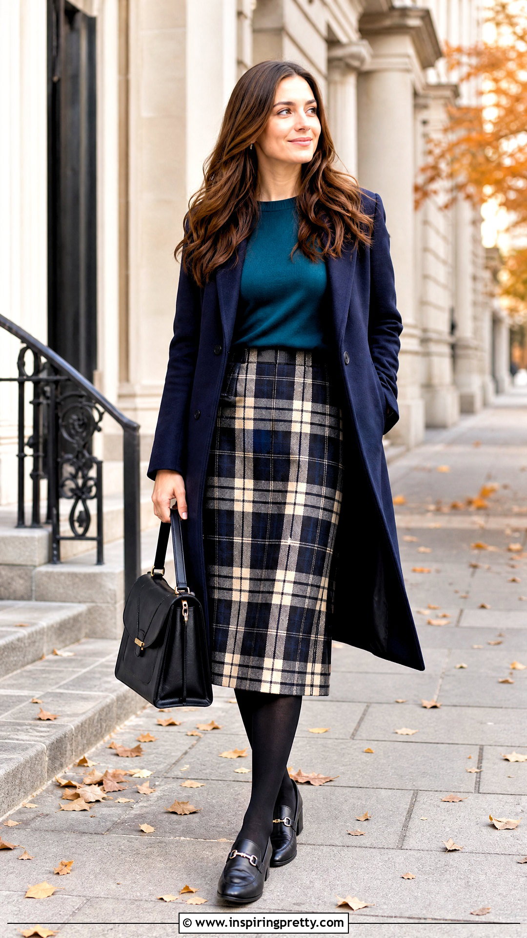 Teal Long Sleeve Top With a Plaid Skirt - 25 teal long sleeve top outfit ideas