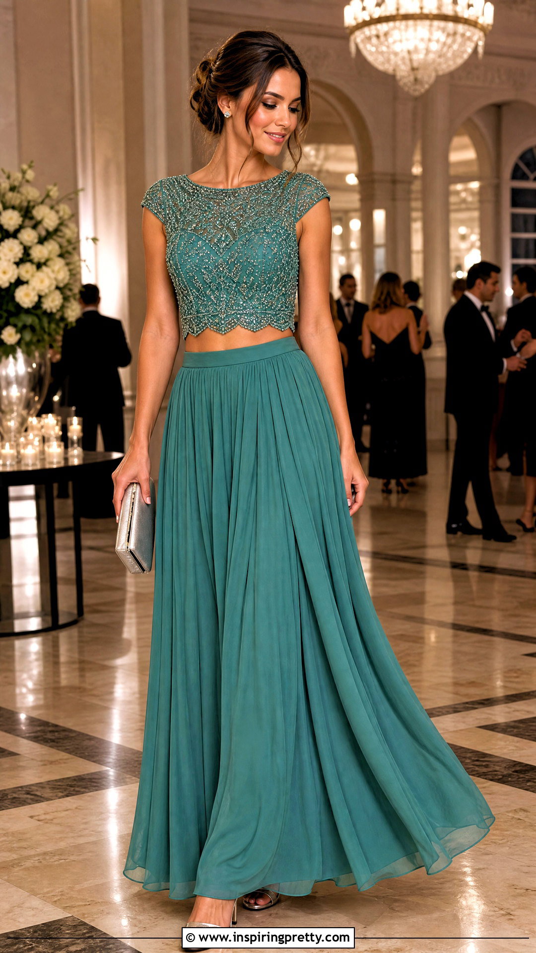 Teal Maxi Skirt And Beaded Blouse - 50 wedding guest skirt and top outfit ideas