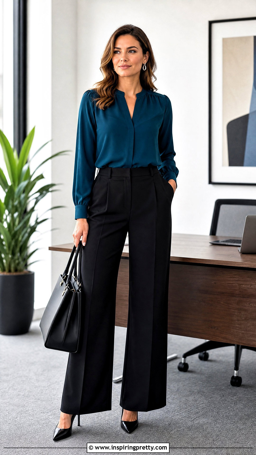 Teal Office Blouse With Black Pants - 50 office tops blouses work wear ideas