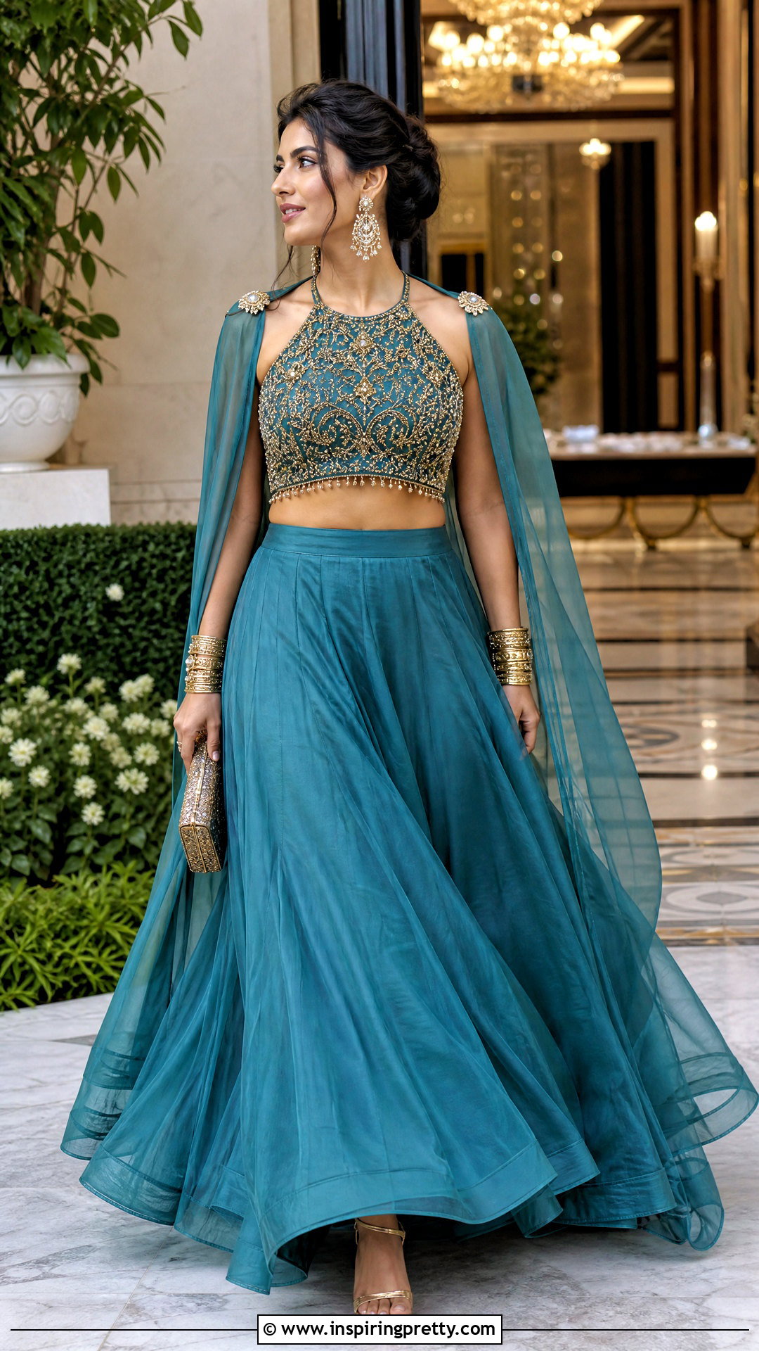 Teal Organza Crop Top Lehenga Outfit - 50 organza crop top lehenga outfit ideas