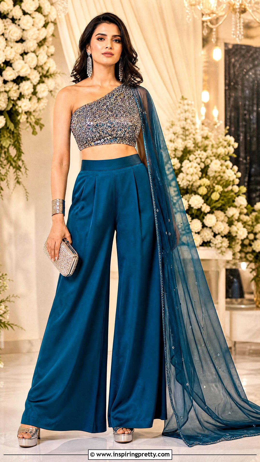 Teal Palazzo With One Shoulder Crop Top And Dupatta - 20 plazzo with crop top and dupatta outfit ideas