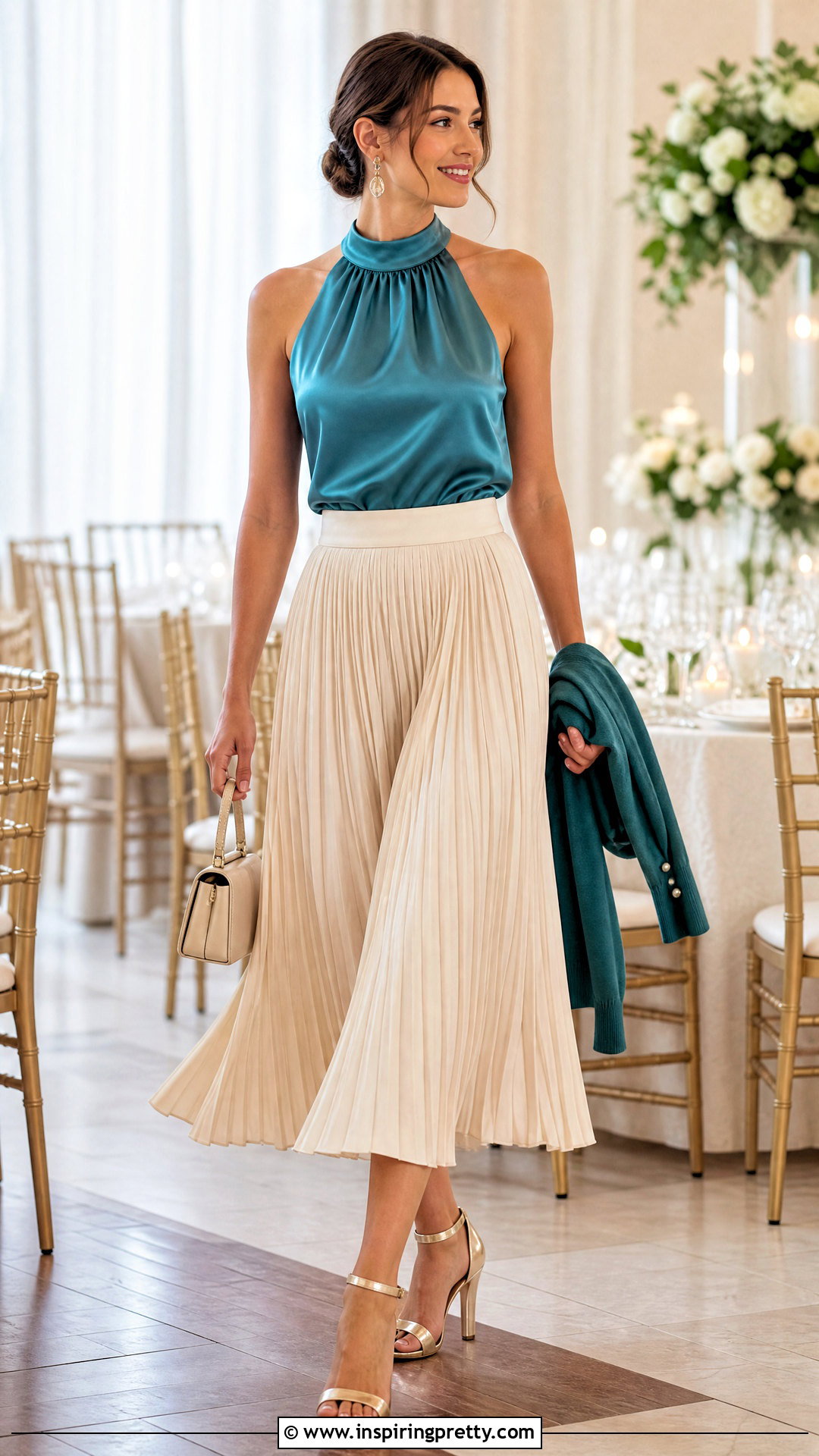 Teal Satin Halter Top With Pleated Midi Skirt - 50 satin halter top outfit ideas