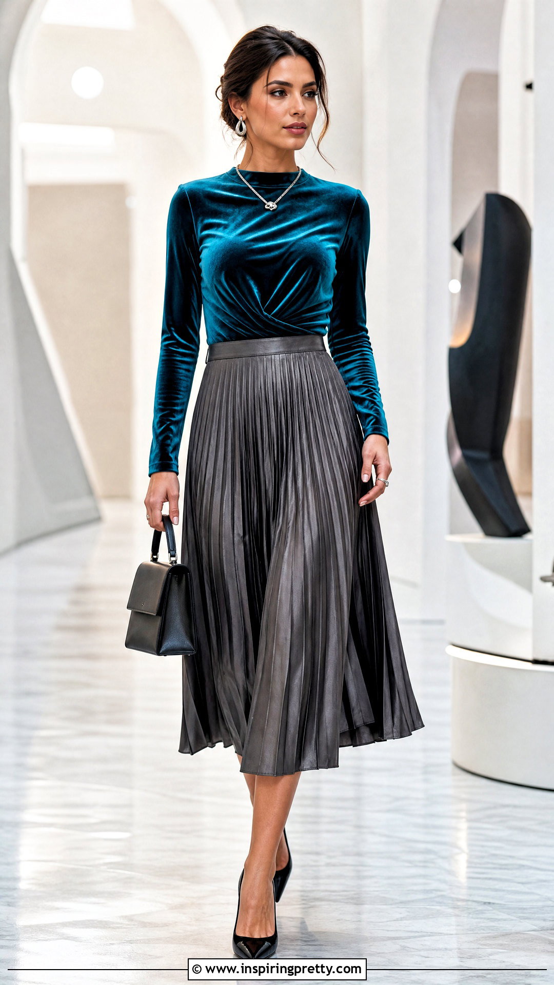 Teal Silk Velvet Top With Pleated Midi Skirt - 25 silk velvet top outfit ideas