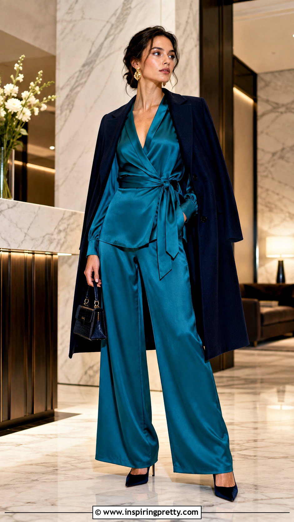 Teal Silk Wrap Top And Wide Leg Pants Set - 25 silk top and bottom set outfit ideas