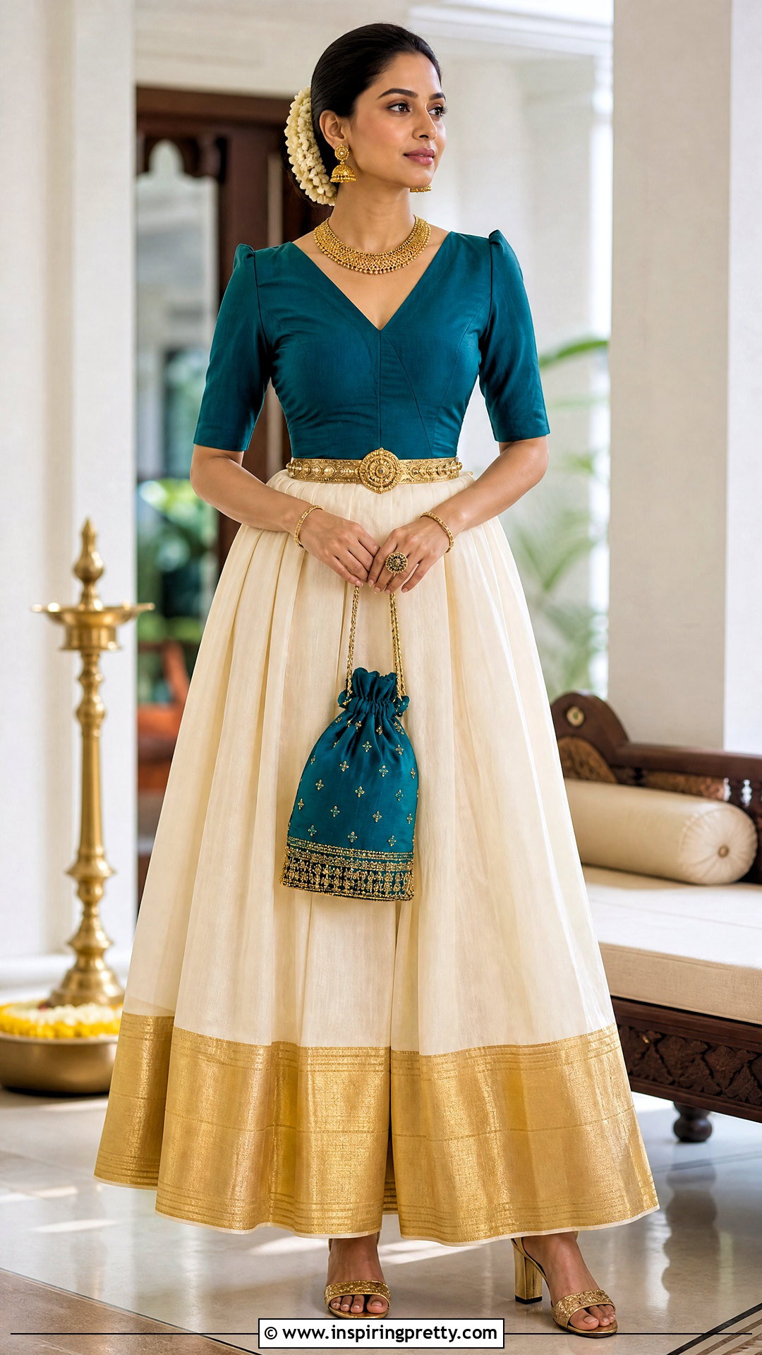 Teal Top And Broad Border Onam Skirt - 50 latest onam skirt and top designs