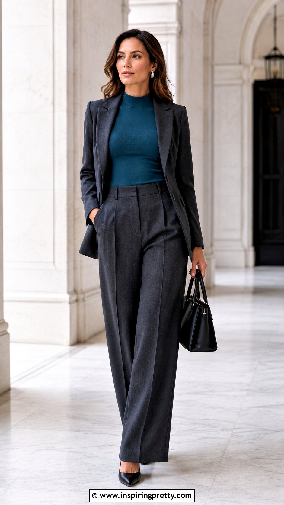 Teal Top With Charcoal Wide Leg Pants - 50 teal top outfit ideas