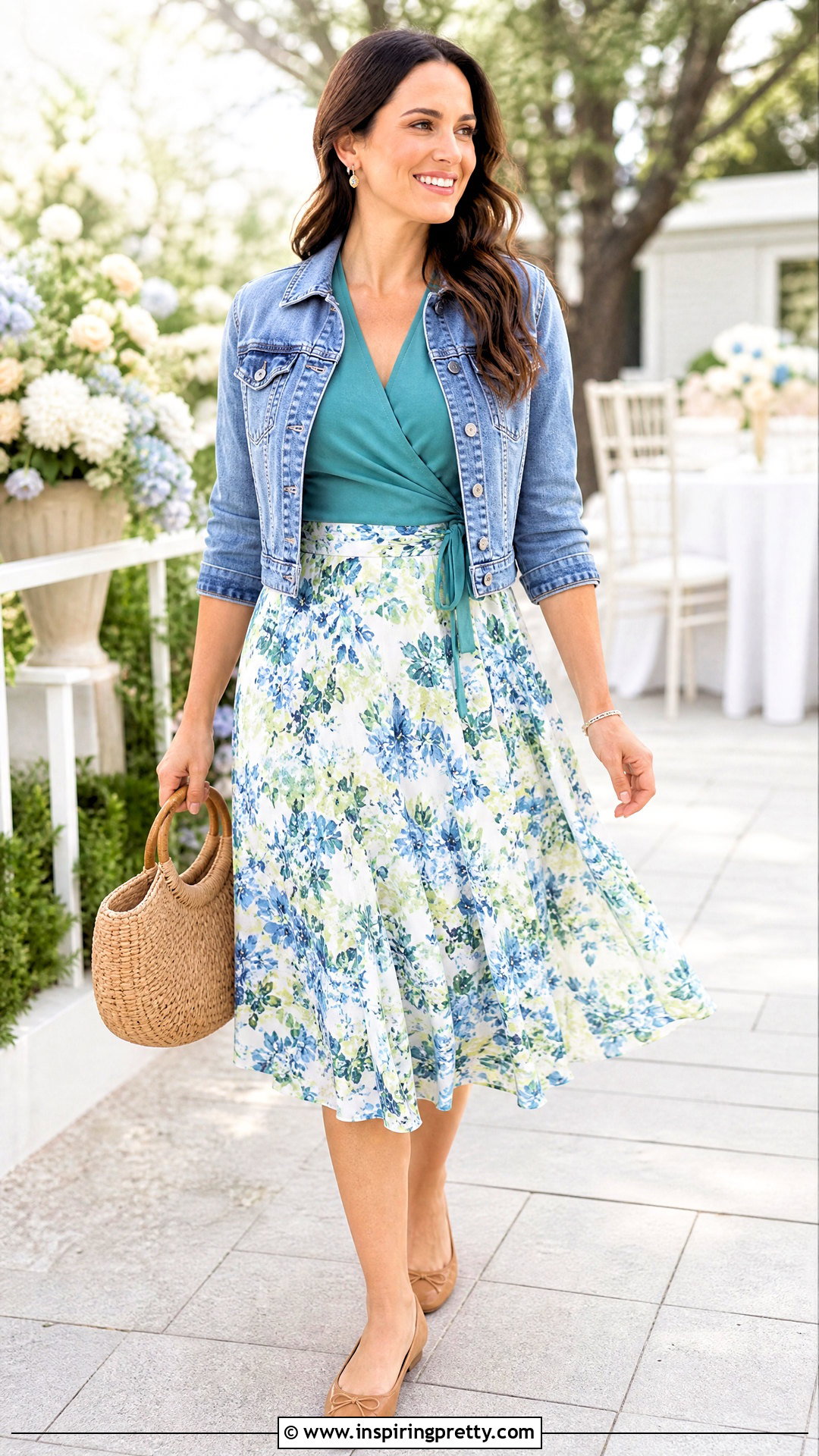Teal Top With Floral Midi Skirt - How To Style Teal Tops (20 Ways)