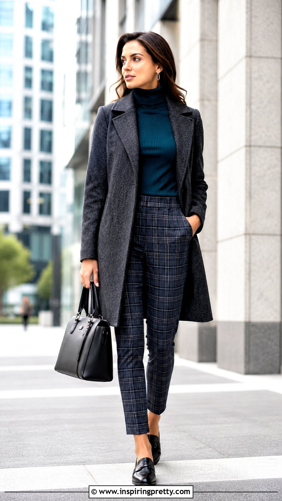 Teal Turtleneck With Plaid Trousers - 50 teal top outfit ideas