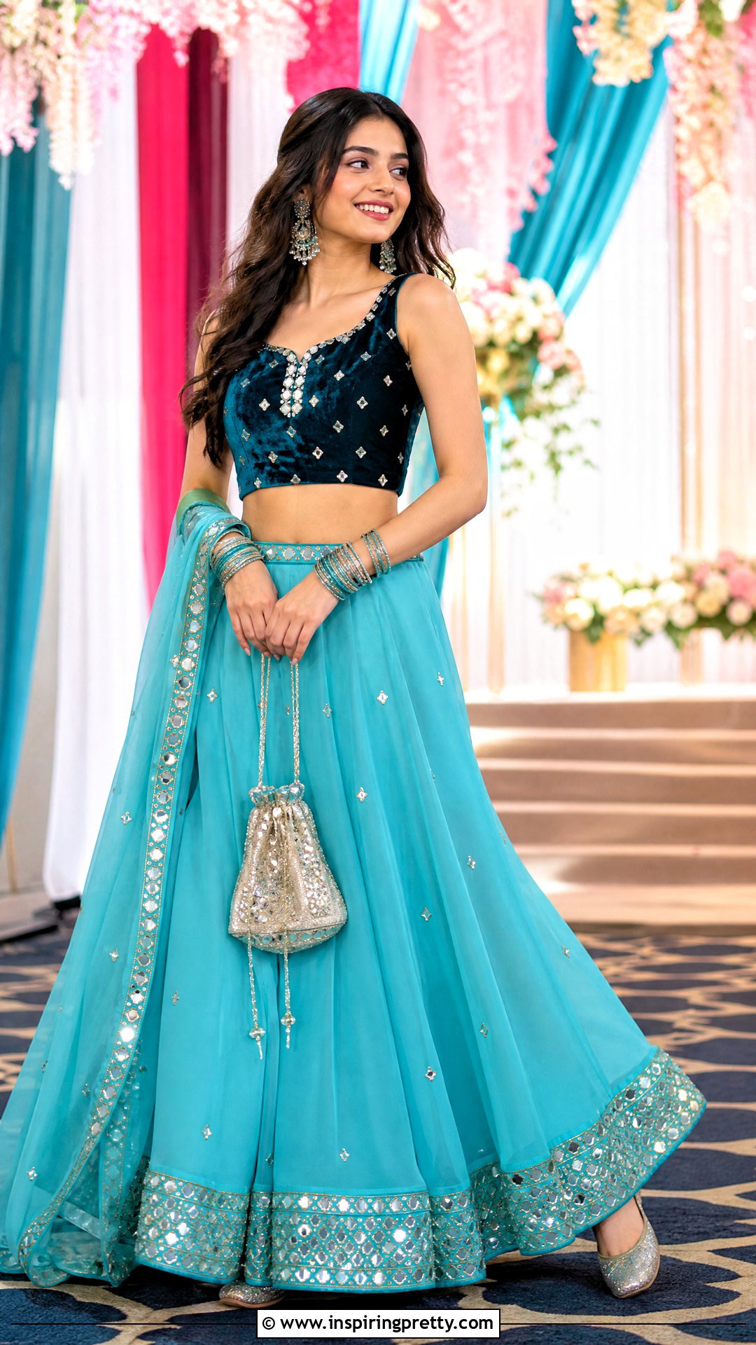 Teal Velvet Crop Top With Mirror Work Lehenga - 50 velvet crop top designs for lehengas
