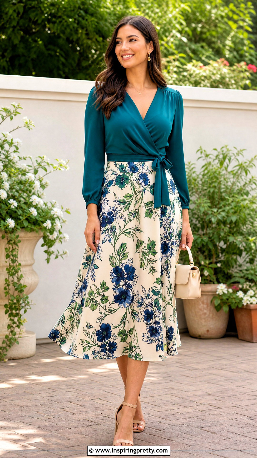 Teal Wrap Top With Printed Midi Skirt - 50 teal top outfit ideas