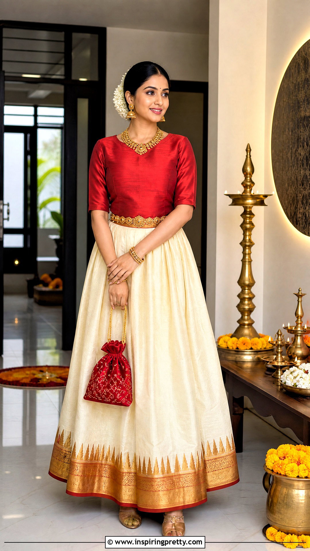 Temple Border Onam Skirt And Red Silk Top - 50 latest onam skirt and top designs