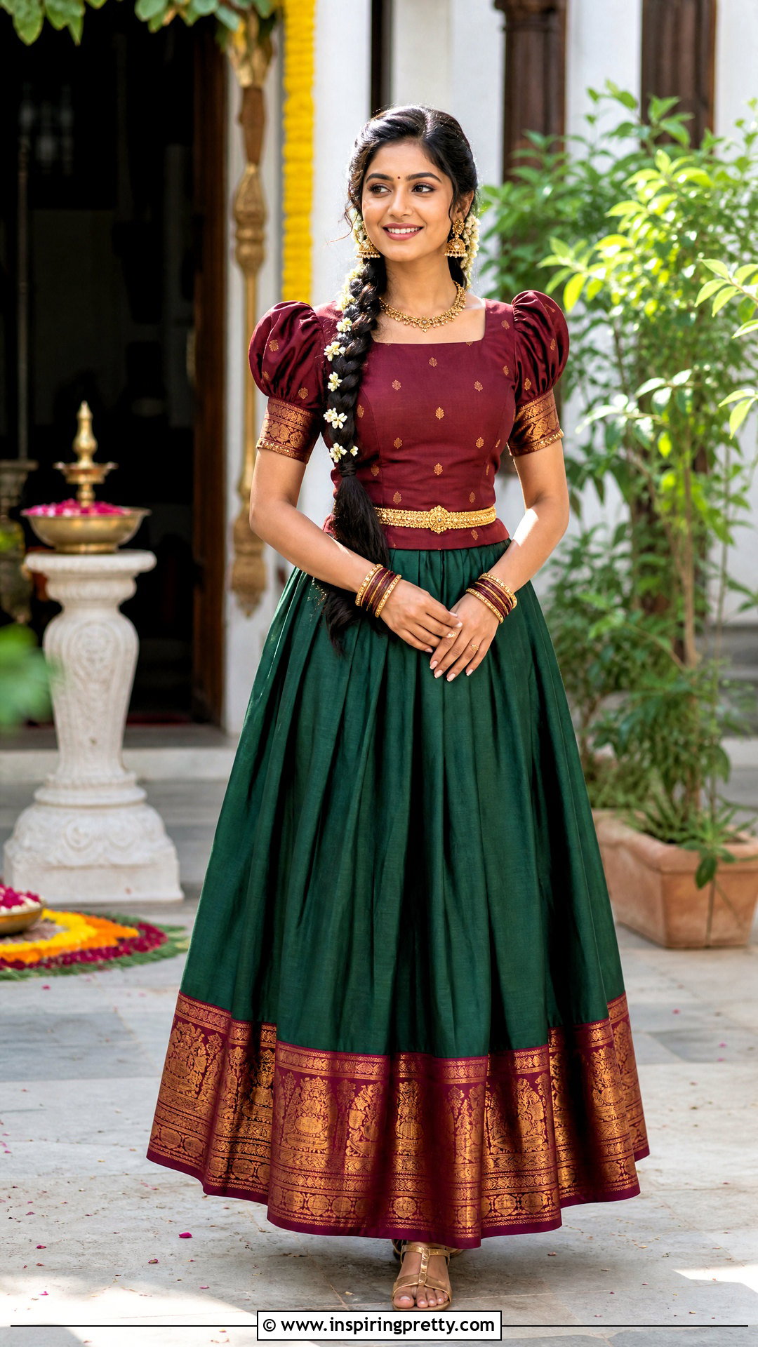 Temple Border Skirt With Puff Sleeve Top - 50 skirt top indian outfit traditional ideas