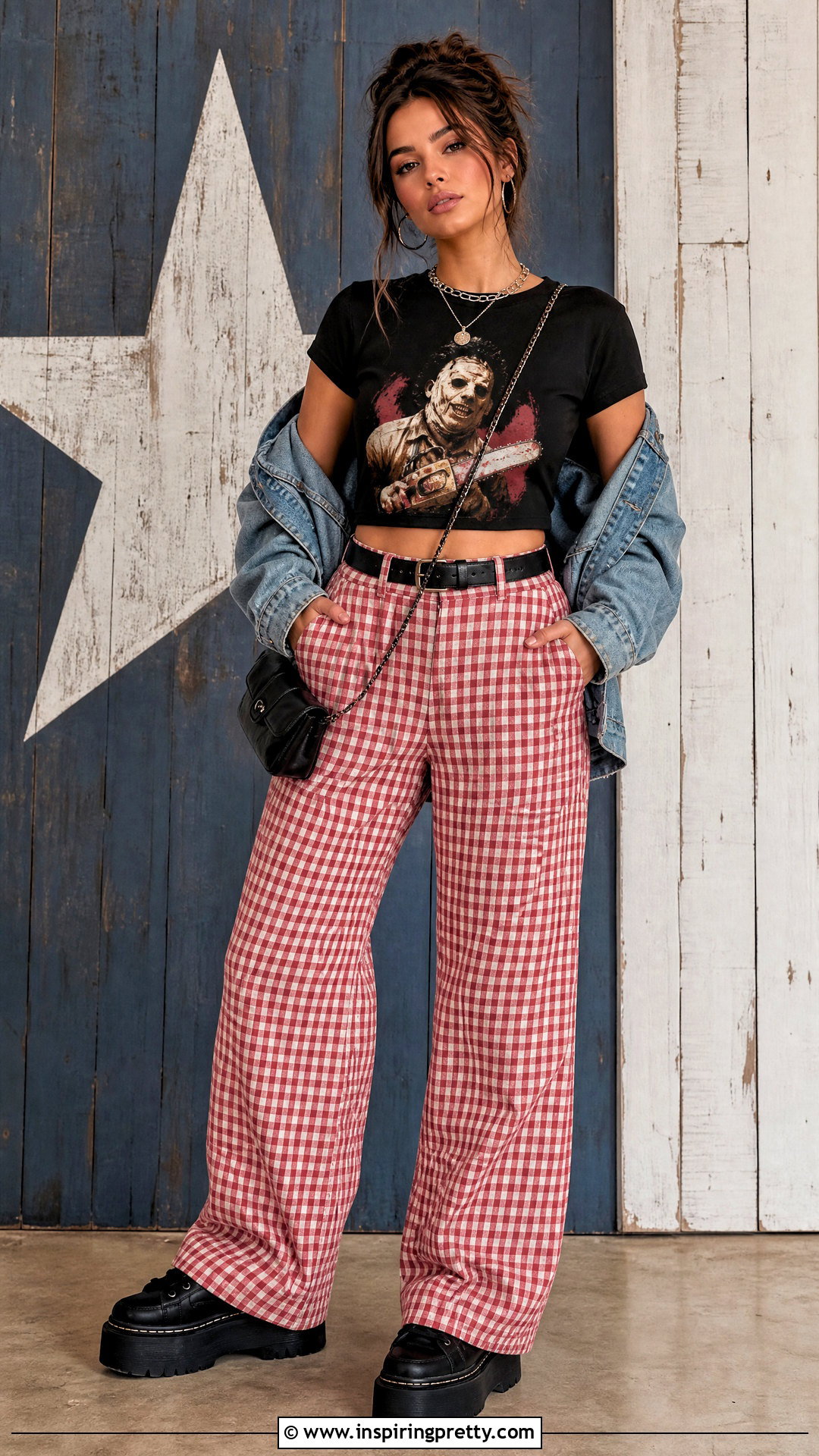 Texas Chainsaw Crop Top With Red Gingham Pants - 20 crop top texas chainsaw outfit ideas