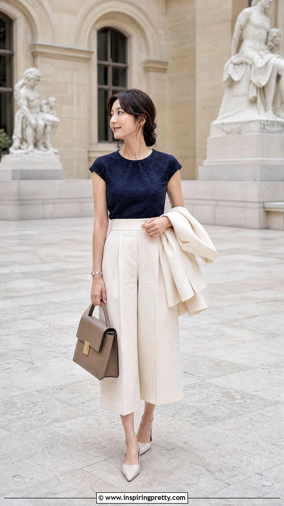 Textured Cap Sleeve Top With Culottes - 50 textured top outfit ideas