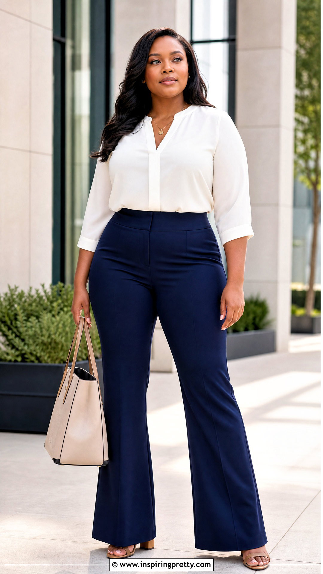 Three Quarter Sleeve Blouse With Flared Pants - 50 tops for big busted women