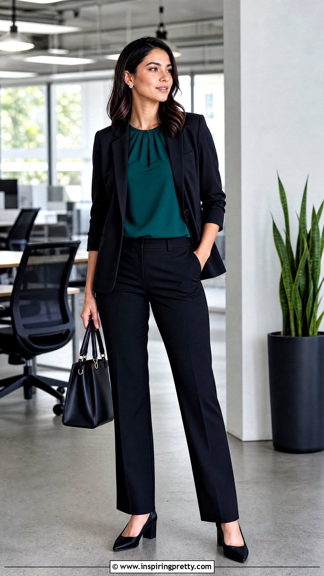 Three Quarter Sleeve Corporate Top With Black Pants - 50 corporate tops for ladies