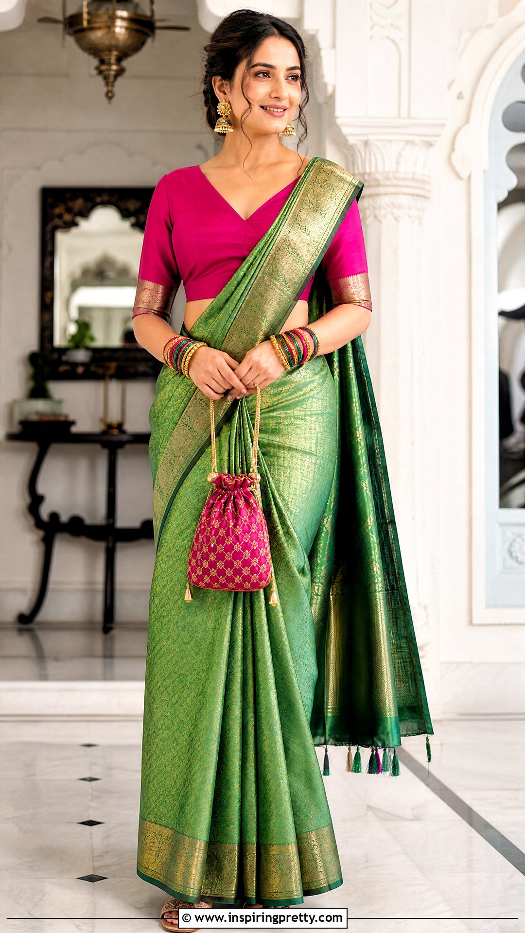 Three Quarter Sleeve Crop Top Blouse With Pattu Saree - 50 latest crop top blouse designs