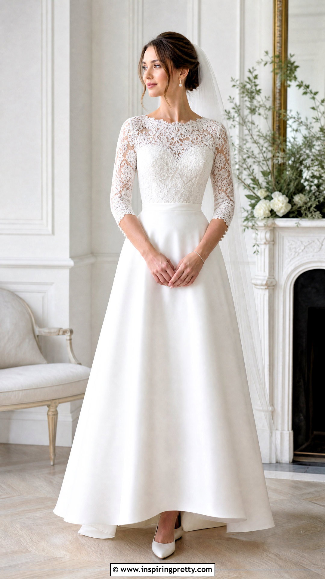 Three Quarter Sleeve Wedding Dress With Lace Top And Satin Skirt - 25 Wedding Dresses Lace Top Plain Skirts