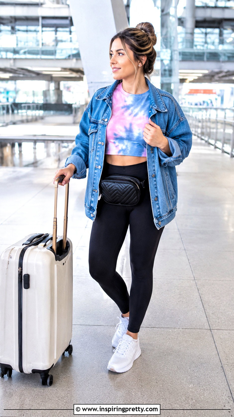Tie Dye Crop Top With Black Leggings And Denim Jacket - 20 tie dye crop top outfit ideas