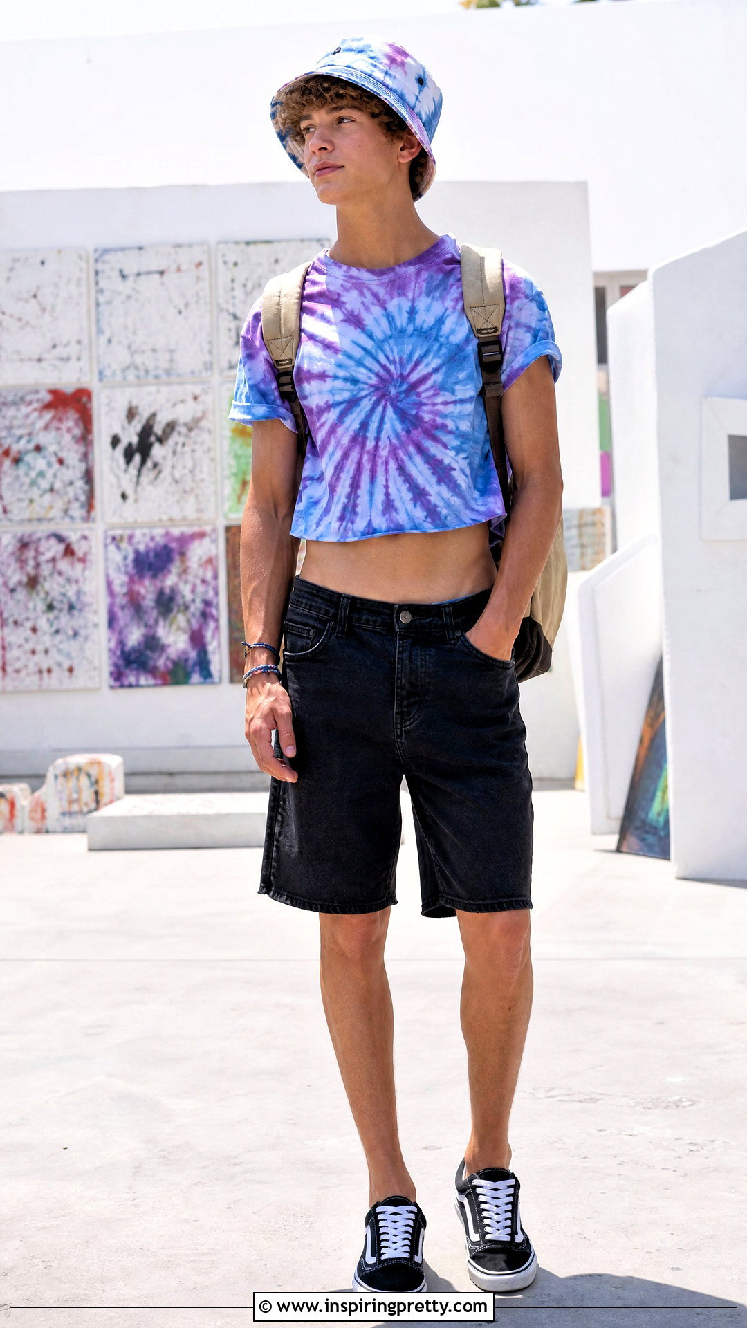 Tie Dye Crop Top With Denim Shorts - 50 boys in crop tops outfit ideas