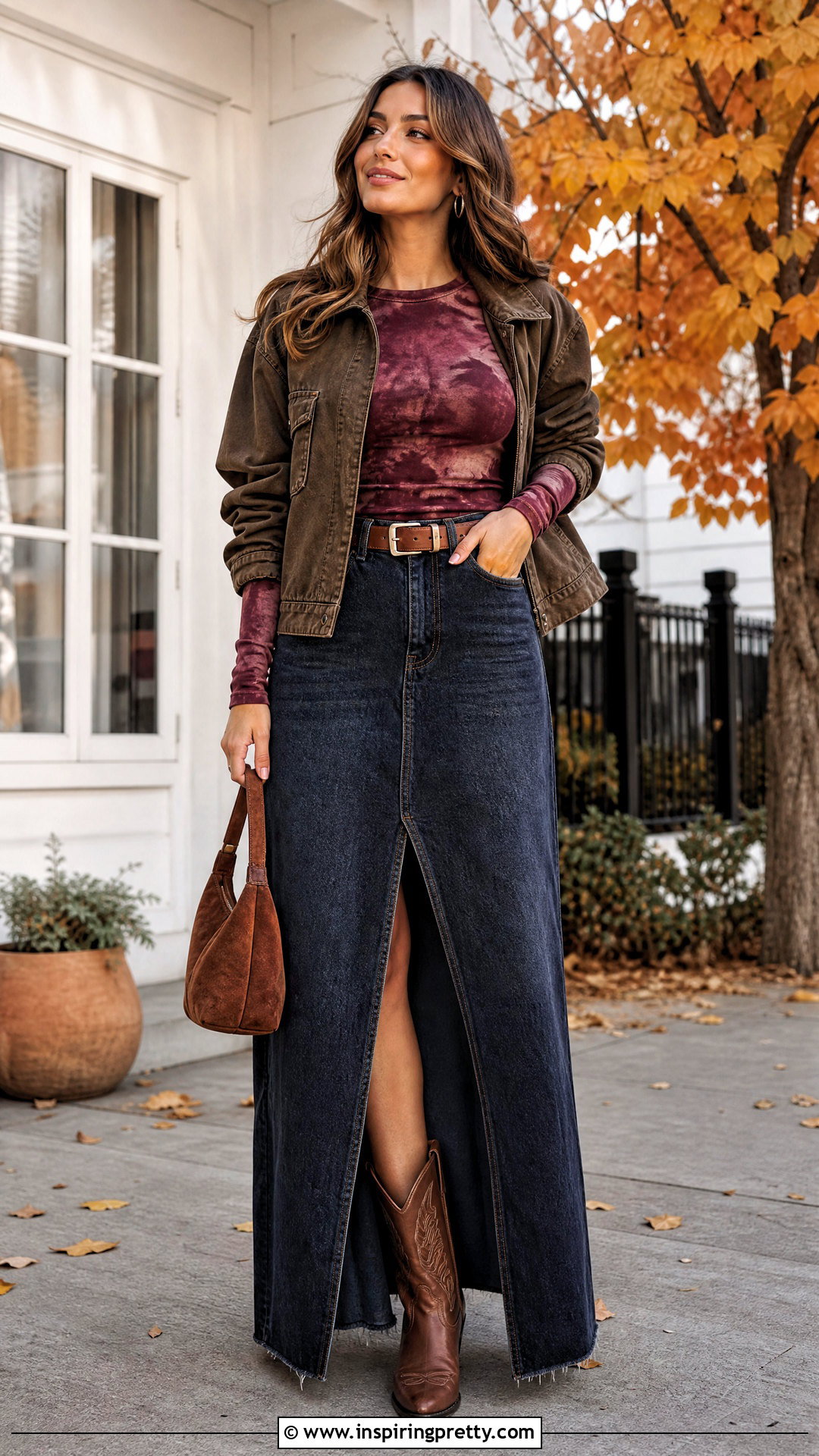 Tie Dye Long Sleeve Top With Denim Maxi Skirt - 20 Tie Dye Long Sleeve Top outfit ideas