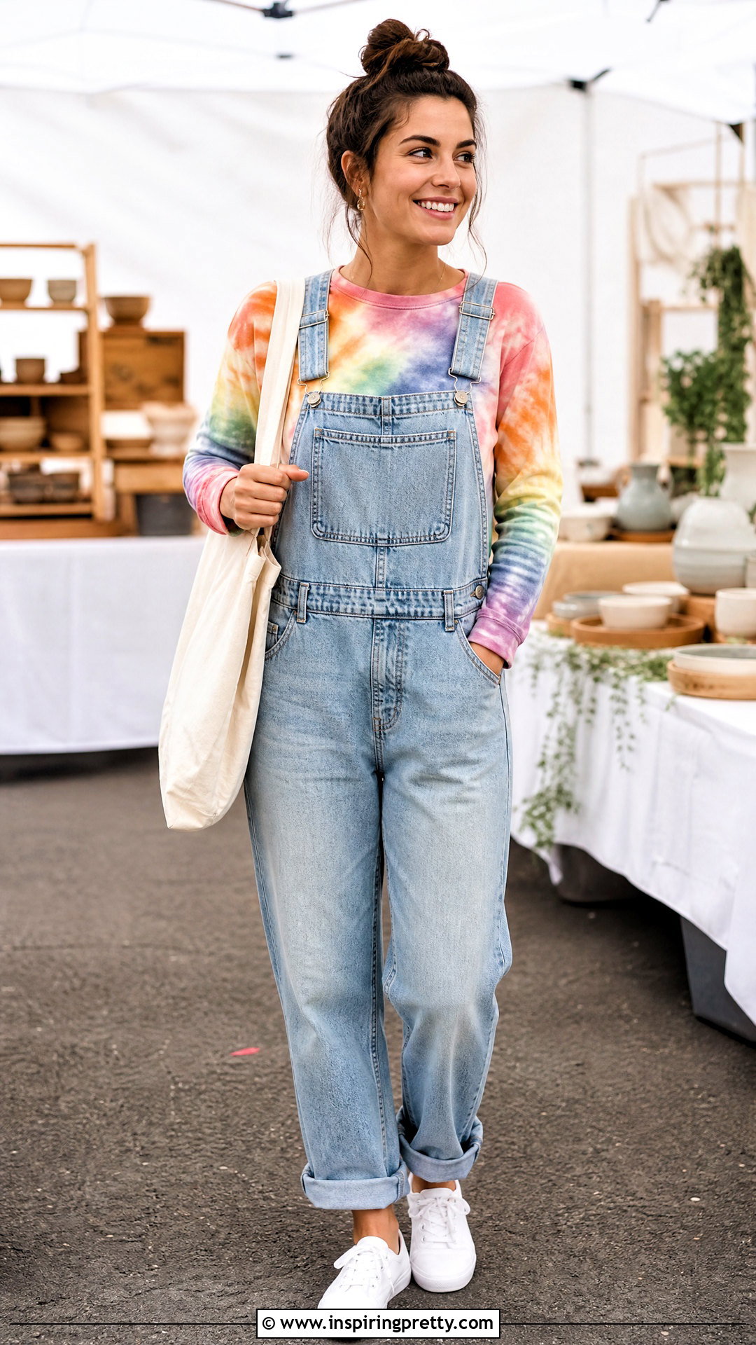 Tie Dye Long Sleeve Top With Denim Overalls - 20 Tie Dye Long Sleeve Top outfit ideas
