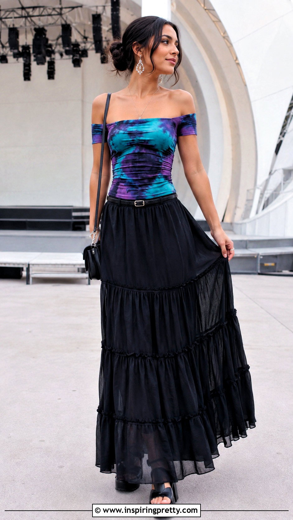 Tie Dye Off The Shoulder Top With Black Maxi Skirt - 25 tie dye off the shoulder top outfit ideas