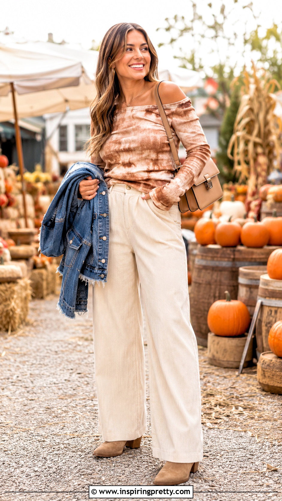 Tie Dye Off The Shoulder Top With Corduroy Pants - 25 tie dye off the shoulder top outfit ideas