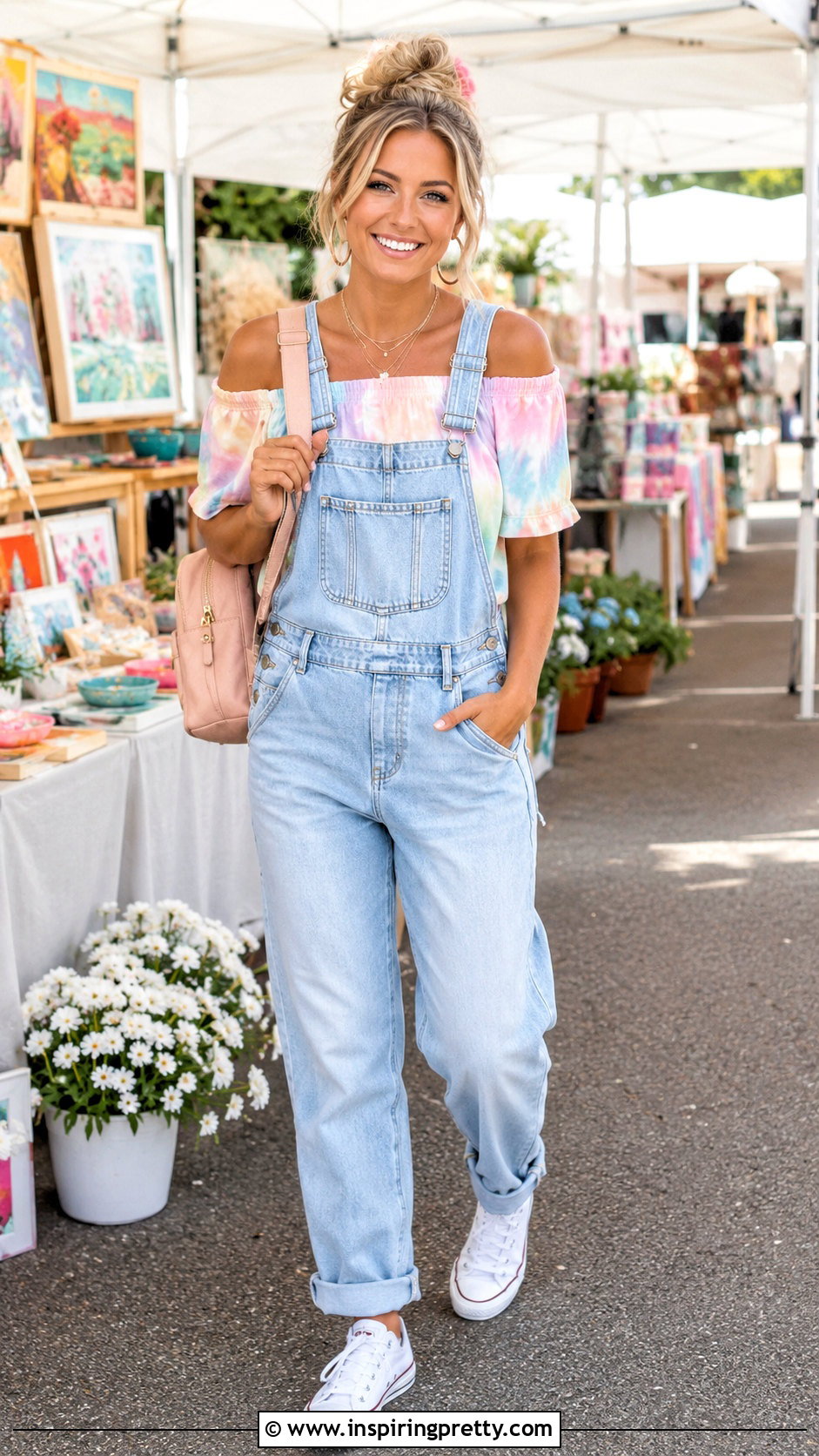 Tie Dye Off The Shoulder Top With Denim Overalls - 25 tie dye off the shoulder top outfit ideas