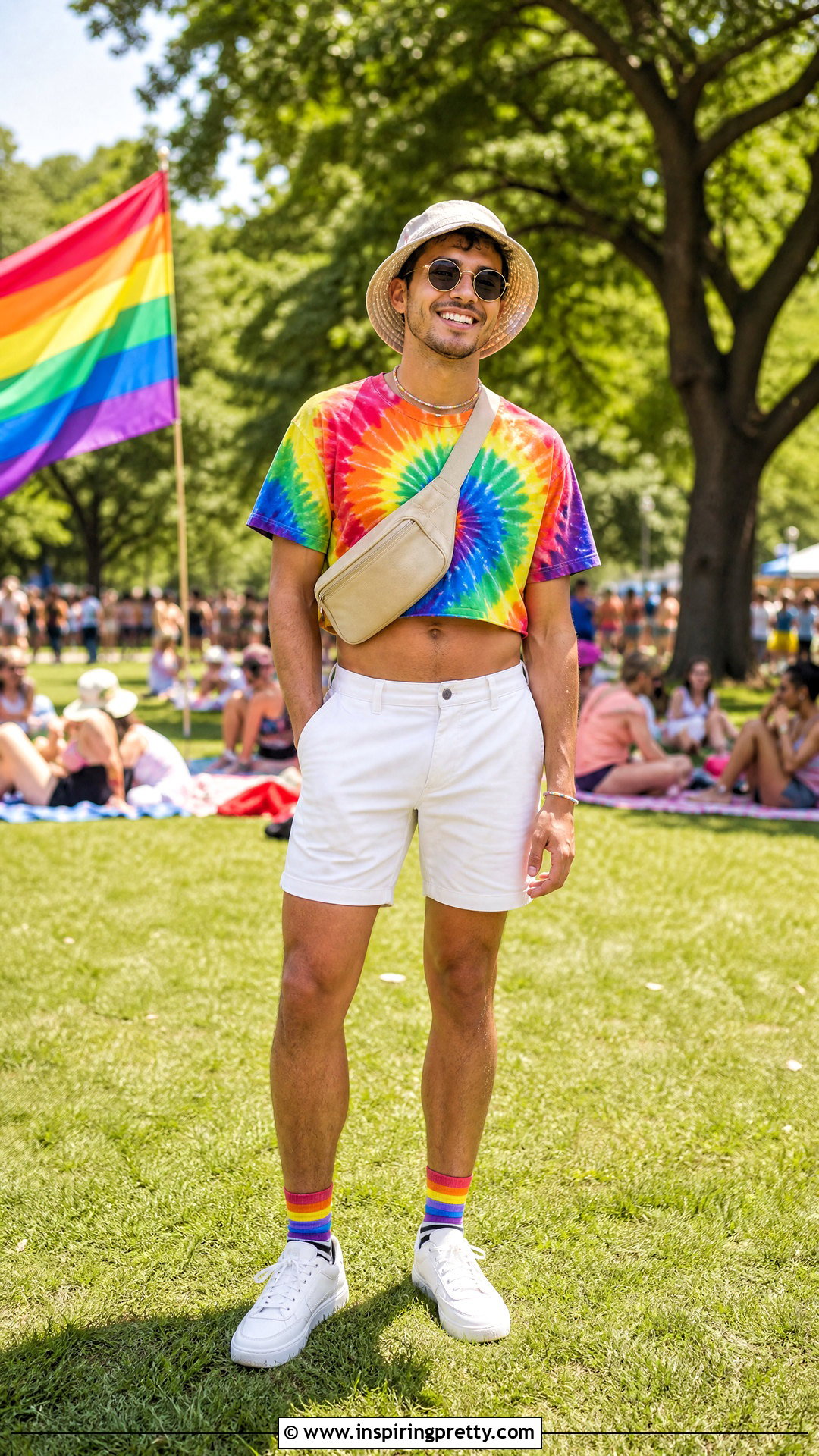 Tie Dye Pride Crop Top With White Shorts - 20 pride crop top men outfit ideas