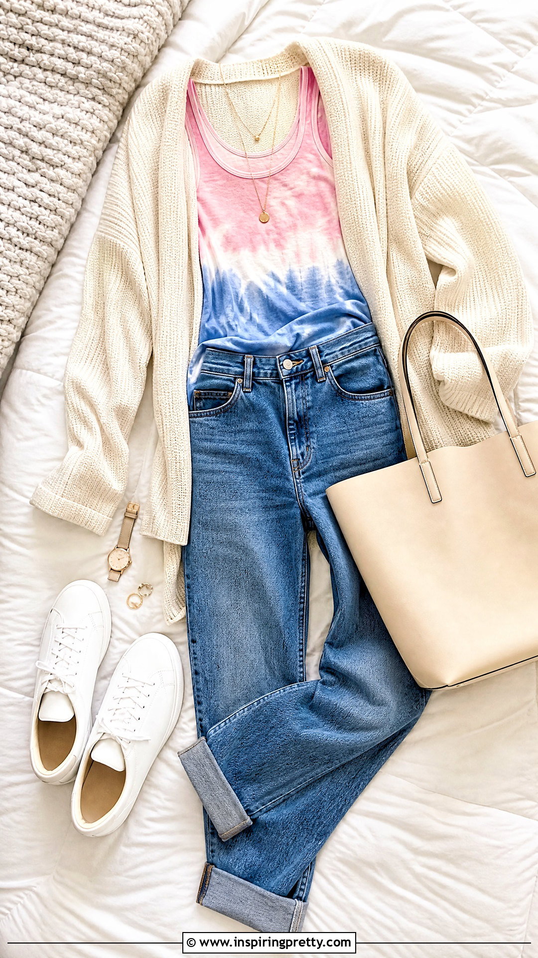 Tie Dye Tank Top With Cardigan And Jeans On Bed - 20 tie-dye tank top on bed ideas