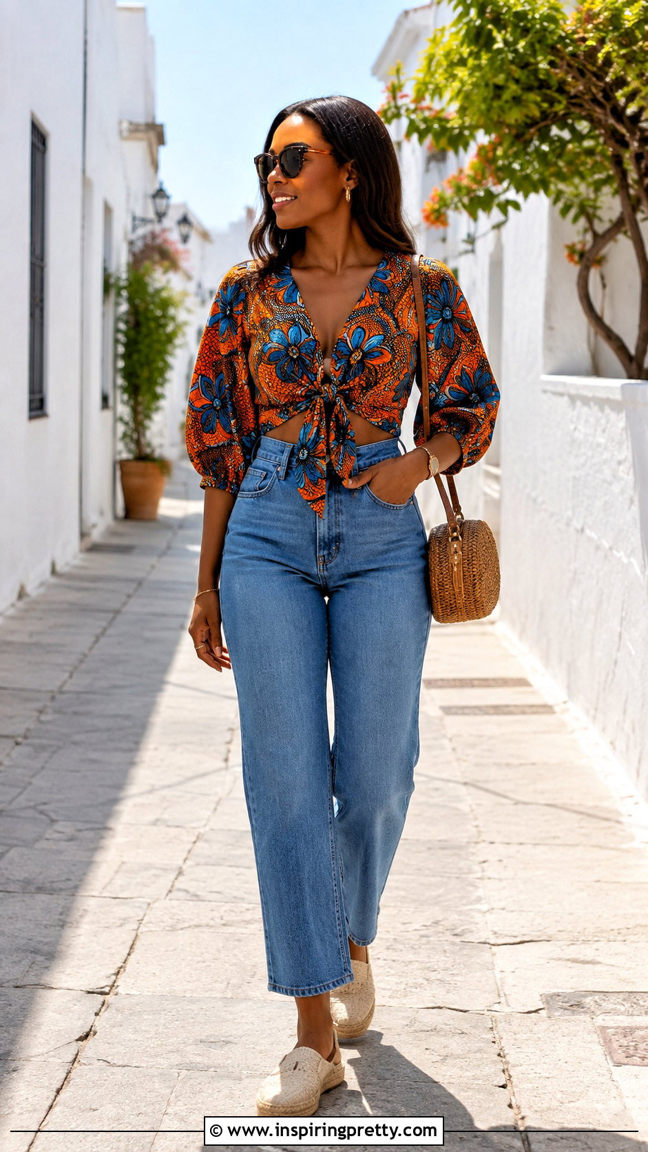 Tie Front Ankara Top With High Waist Jeans - 50 Simple Ankara Tops With Jeans