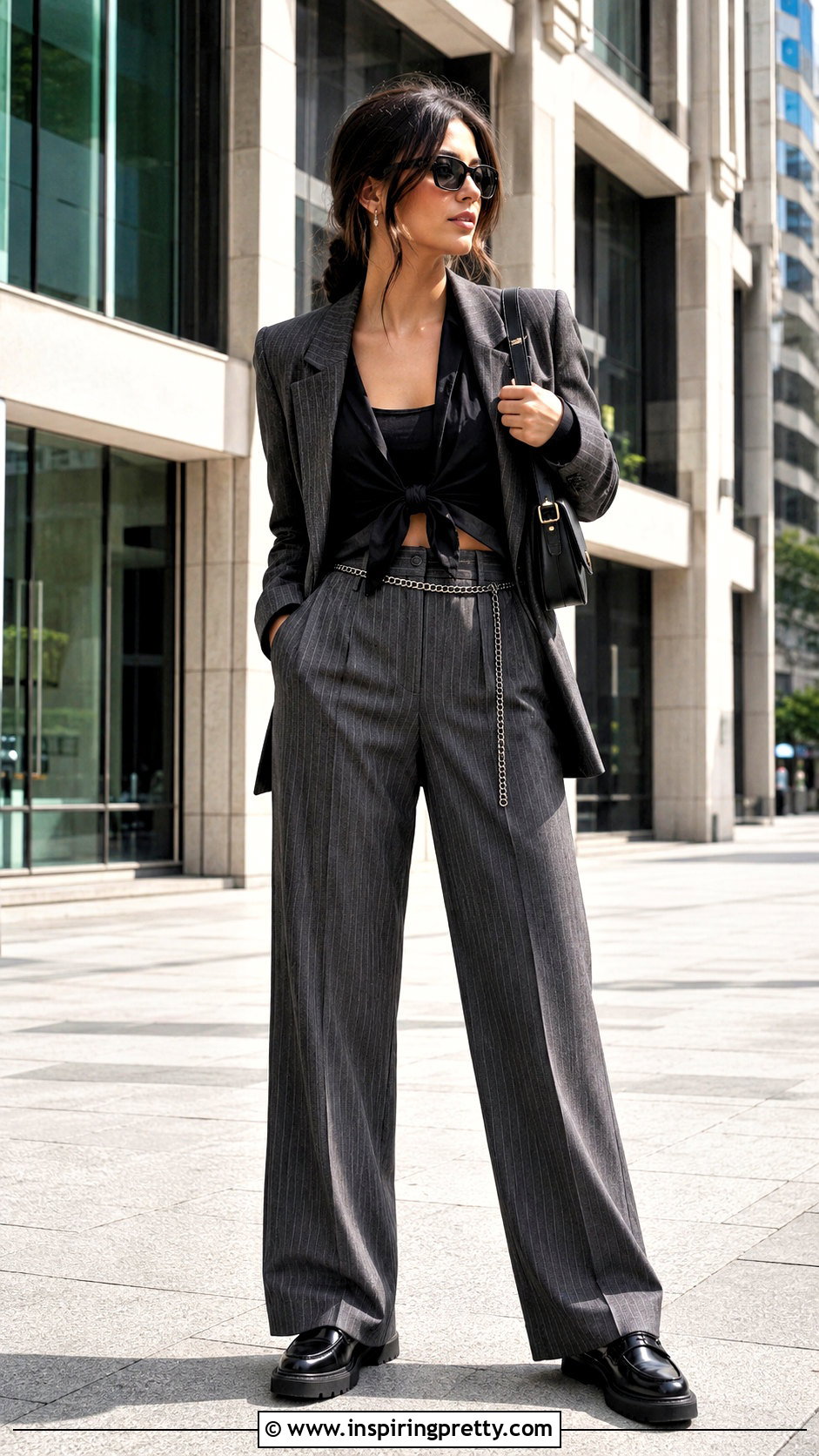 Tie Front Blouse With Pinstripe Pants - 50 alt tops outfit ideas