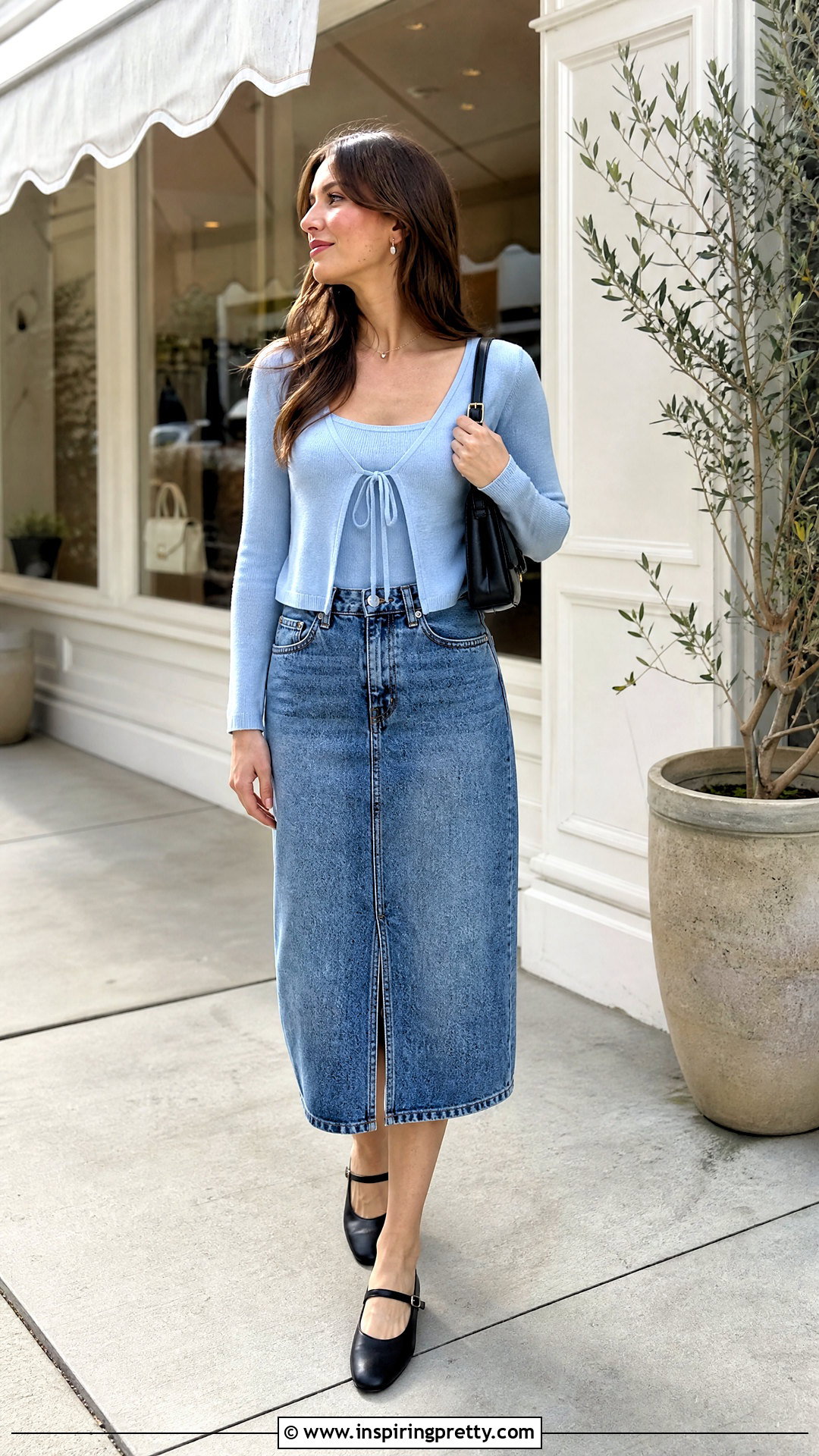 Tie Front Cardigan Top With Denim Skirt - 50 aesthetic tops for women