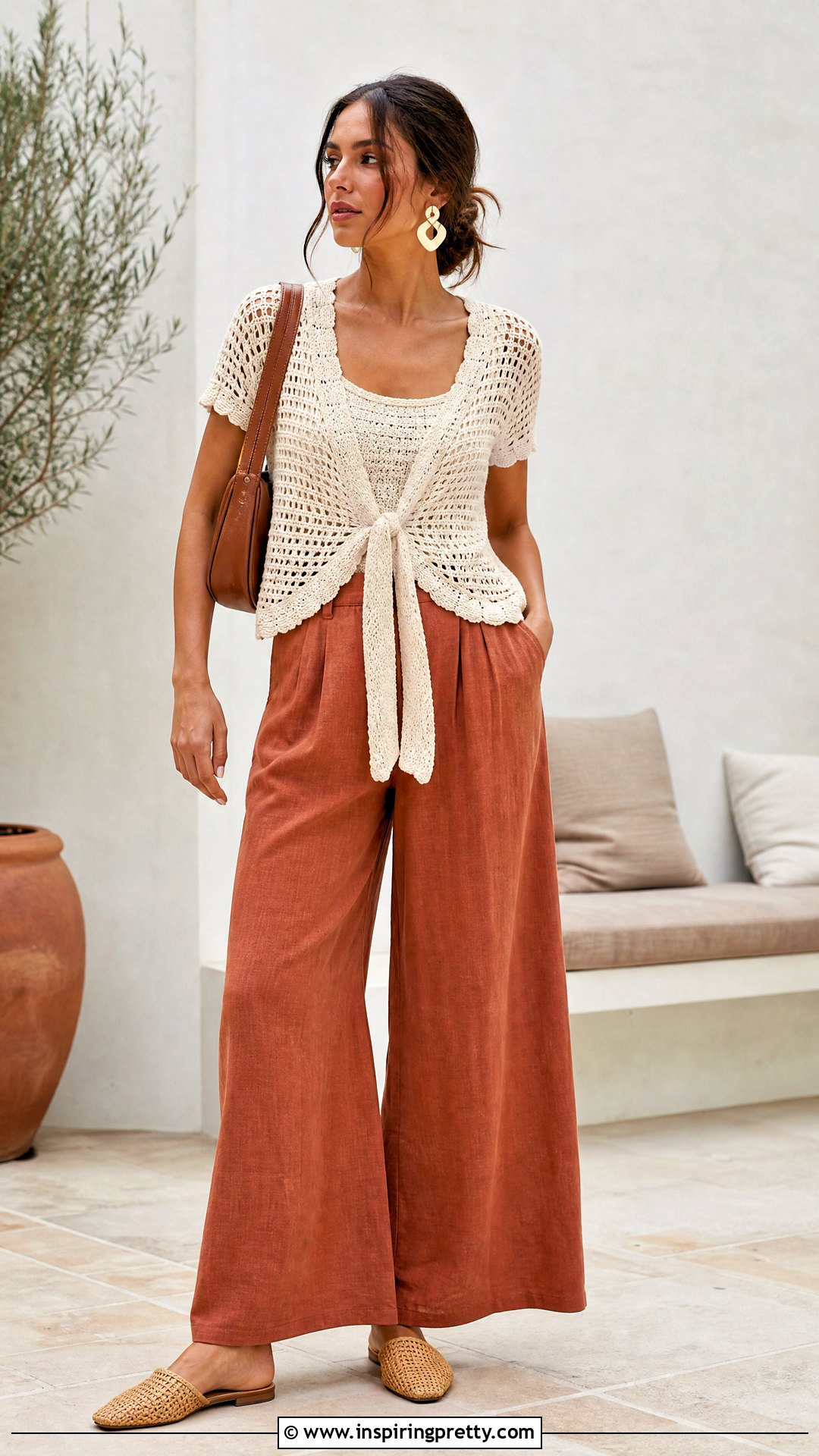 Tie Front Crochet Top With Wide Leg Pants - 50 crochet top designs