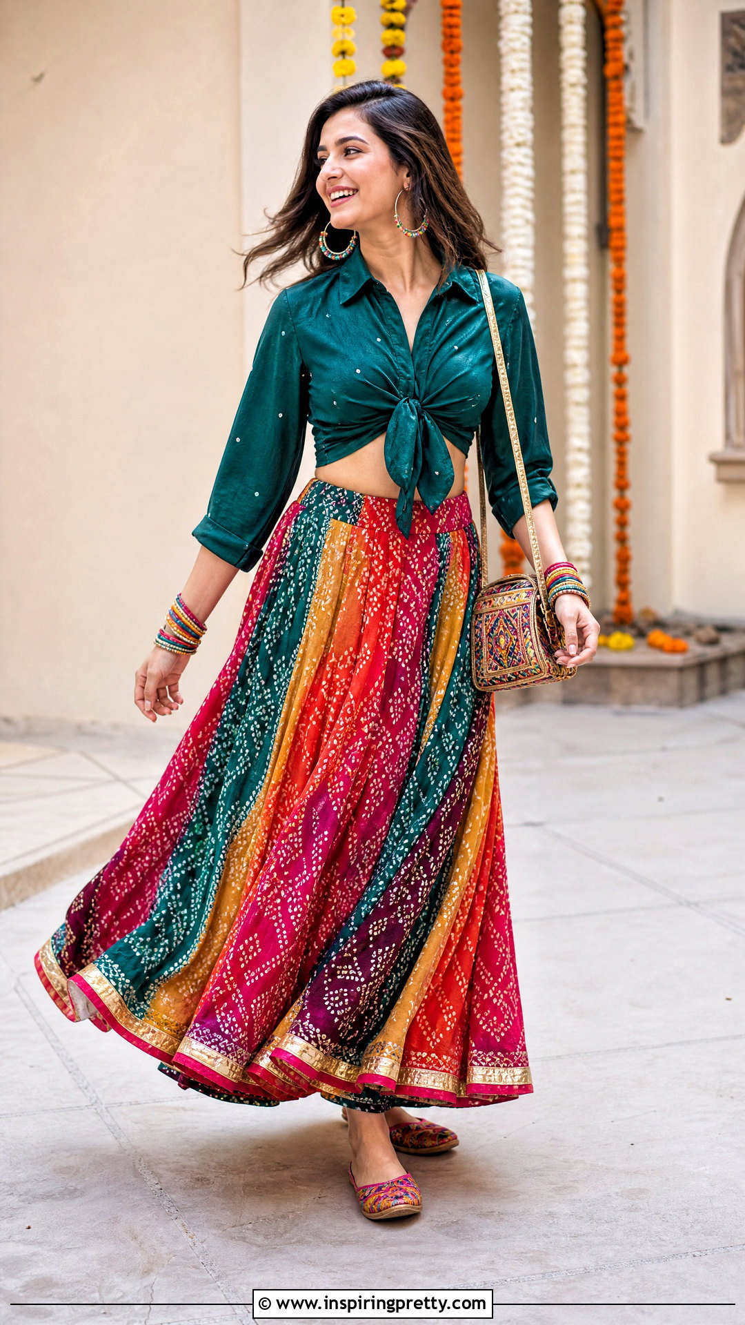 Tie Front Crop Shirt With Printed Lehenga Outfit - 25 shirt crop top lehenga outfit ideas