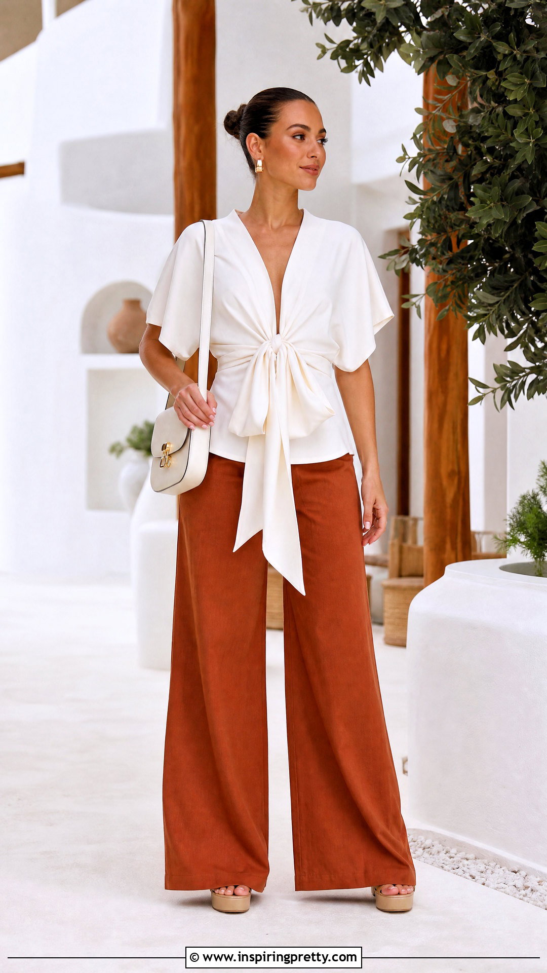 Tie Front Statement Top With Wide Leg Trousers - 50 statement tops outfit ideas