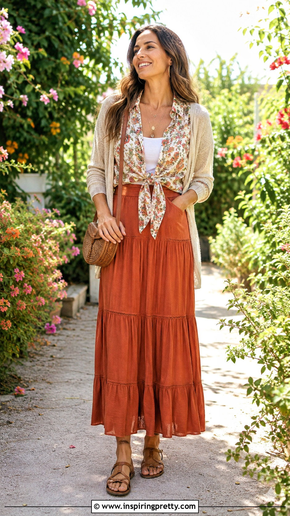 Tie Front Top With Maxi Skirt - 50 fun tops outfit ideas