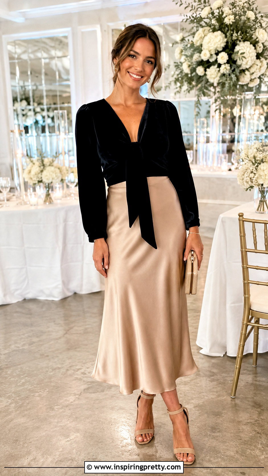 Tie Front Velvet Top With Satin Midi Skirt - 50 velvet tops for women
