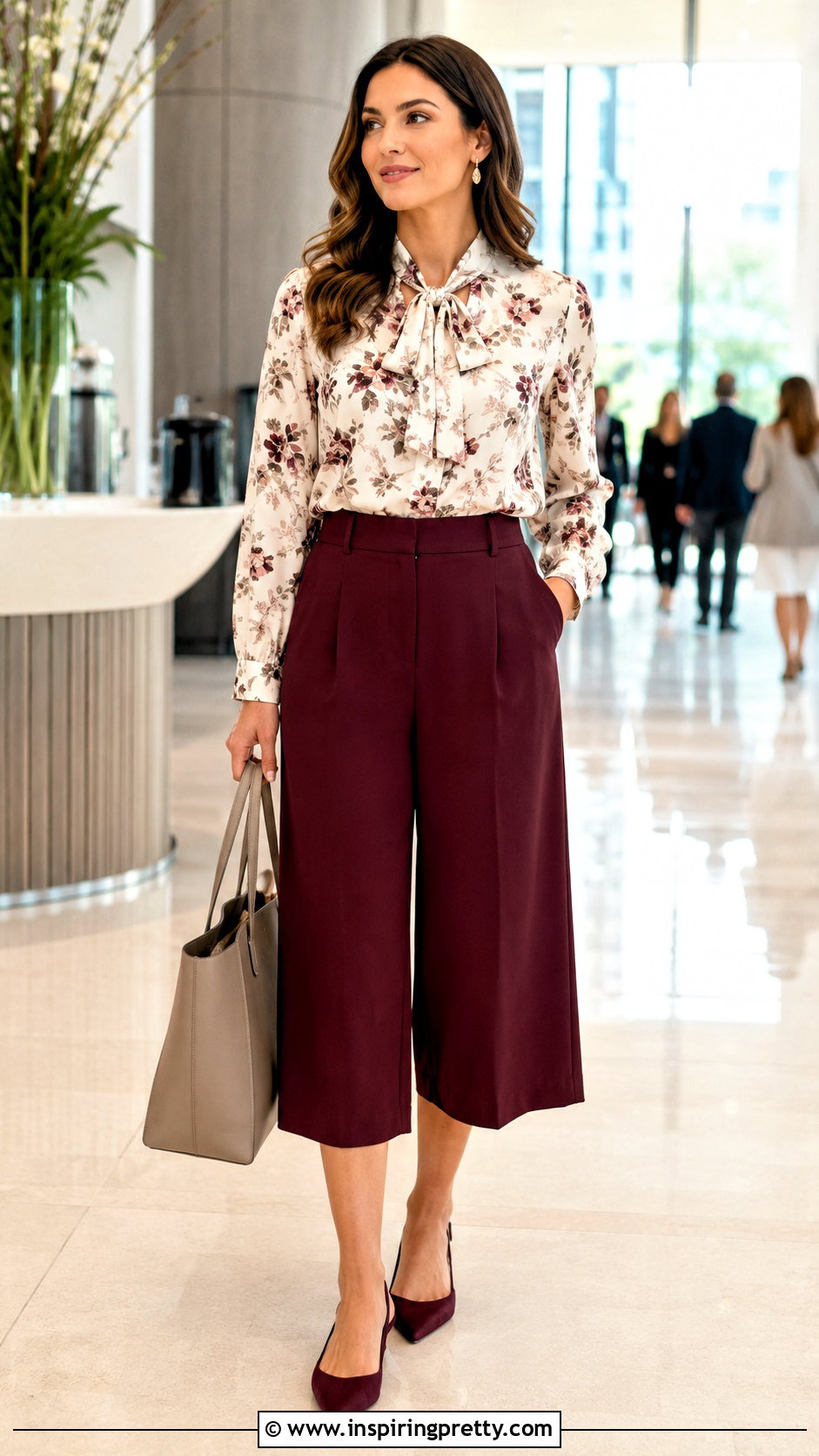 Tie Neck Blouse With High Waisted Culottes - 50 girly tops outfit ideas