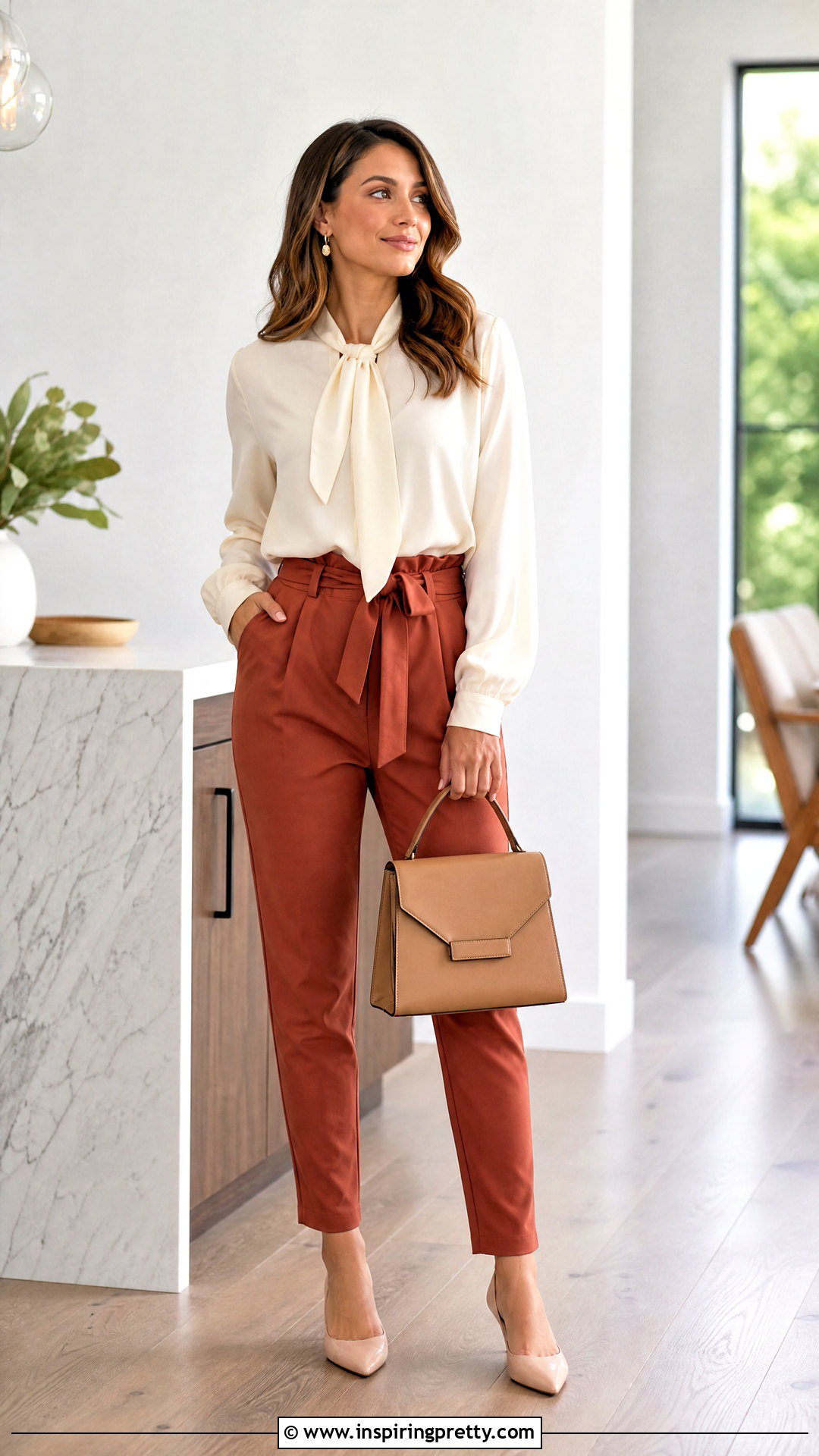 Tie Neck Blouse With Paper Bag Pants - 50 top and pants outfit ideas