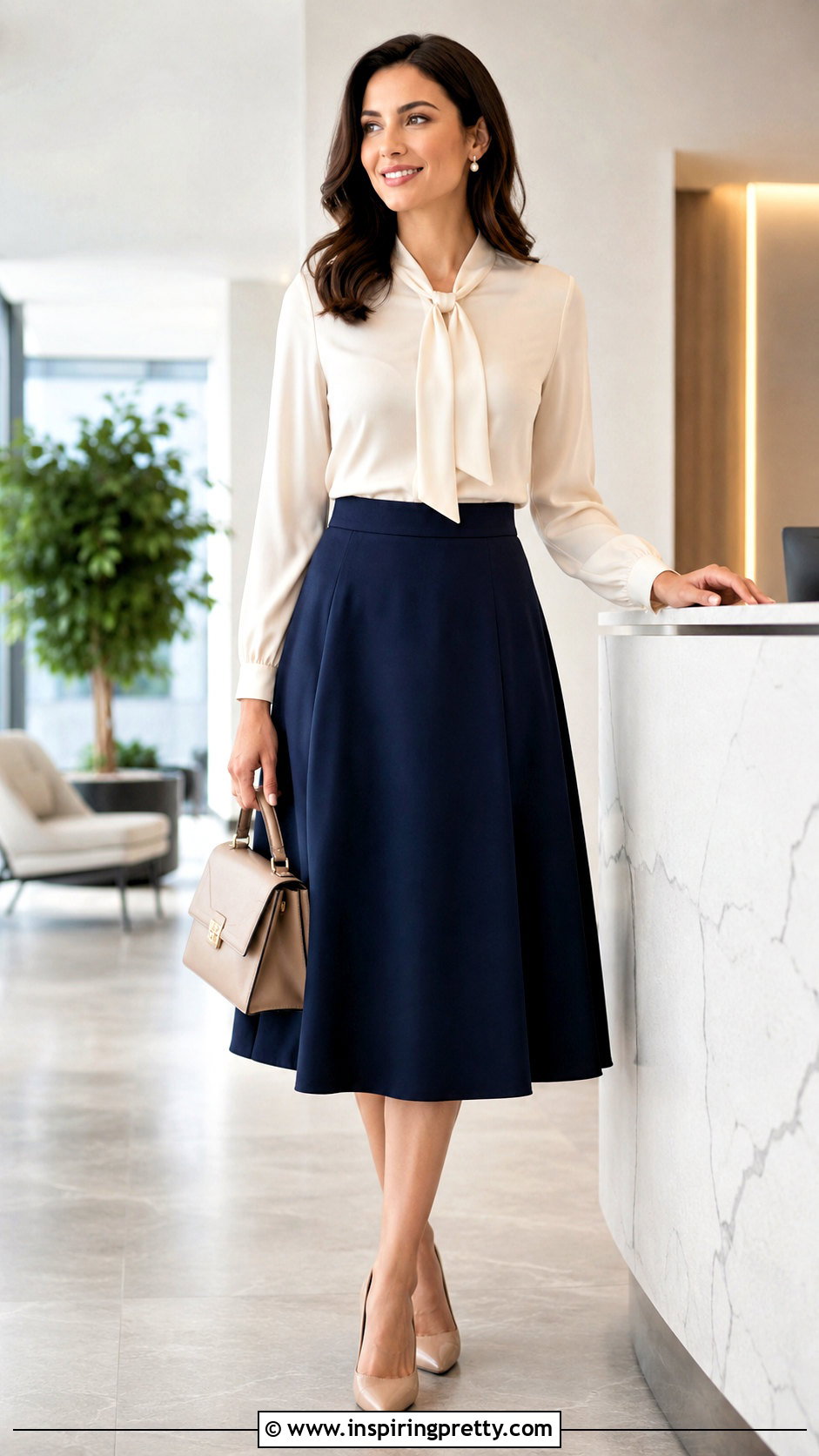 Tie Neck Long Sleeve Blouse With A Line Midi Skirt - 20 long sleeve business casual tops outfit ideas