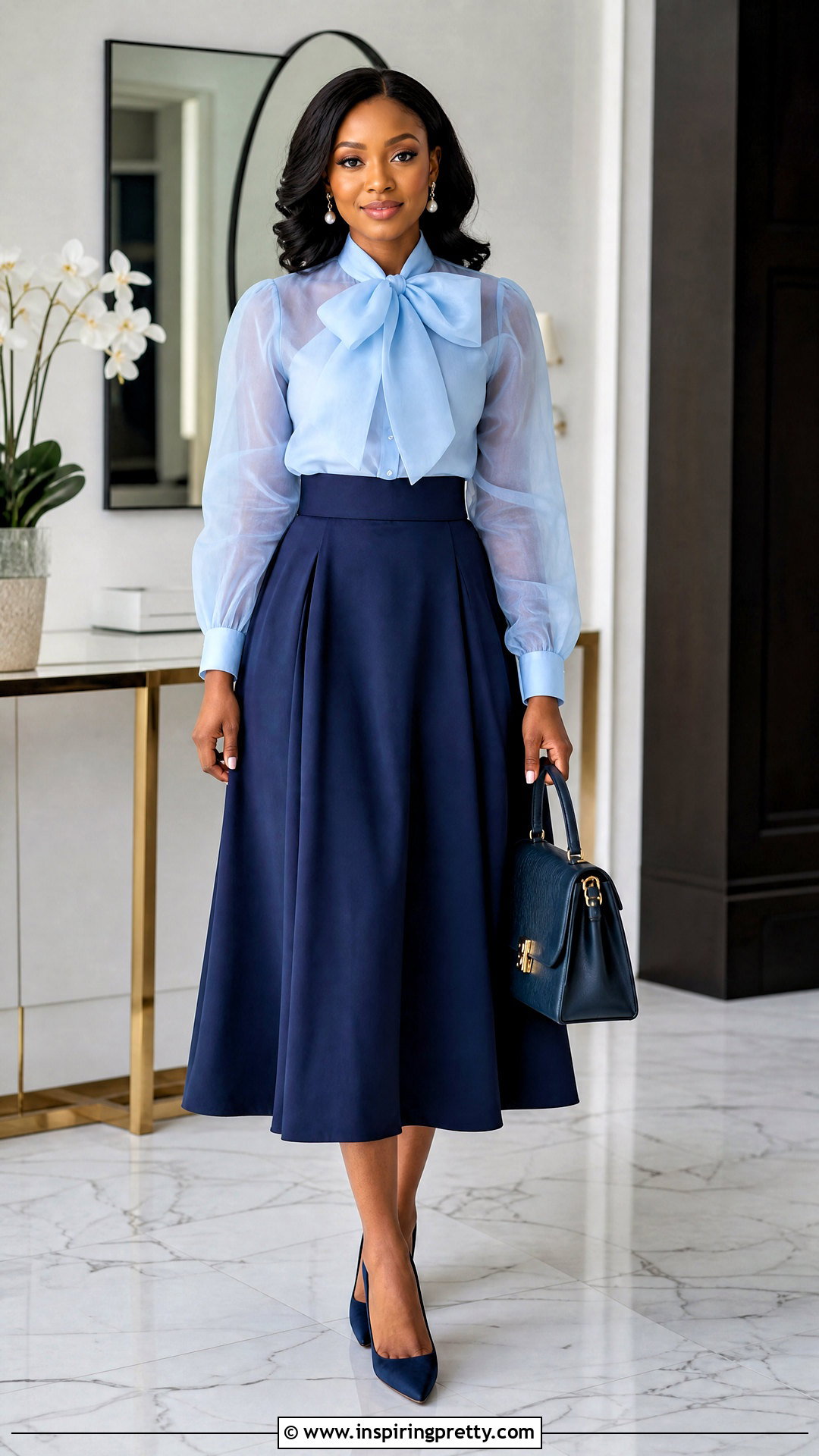 Tie Neck Organza Blouse With A Line Skirt - 20 Nigerian Organza Tops Blouses