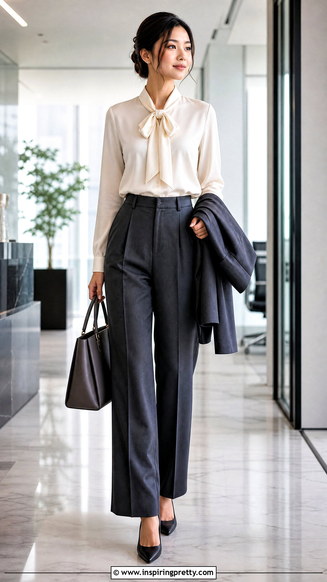 Tie Neck Silk Blouse With Pleated Trousers - 50 silk tops blouses