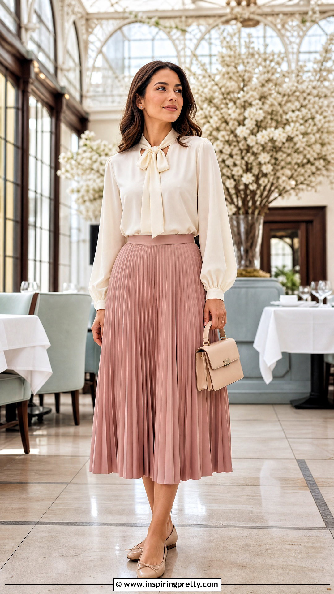 Tie Neck Top With Pleated Midi Skirt - 50 modest summer tops outfit ideas